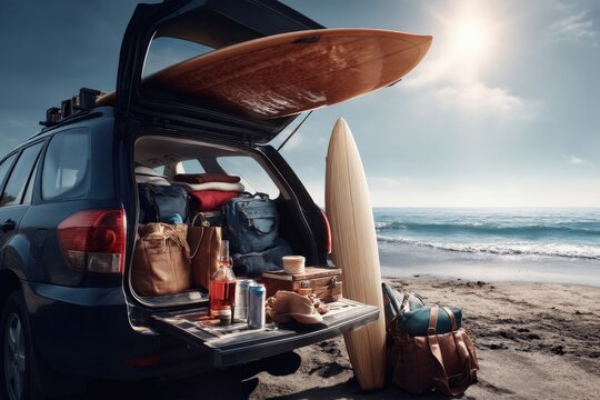 Beach adventure awaits: car loaded for surfing excursion by the ocean