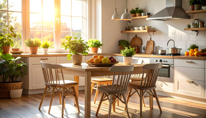 Obraz premium Bright Modern Kitchen Interior With Sunlight Streaming Through Window