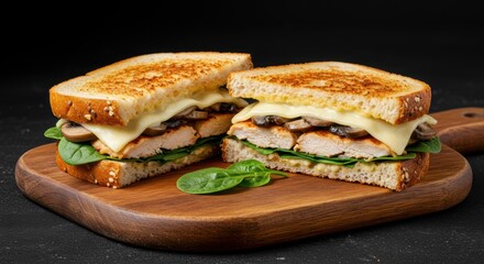 Chicken and mushroom sandwich with spinach and cheese on a wooden board offers a tasty healthy meal