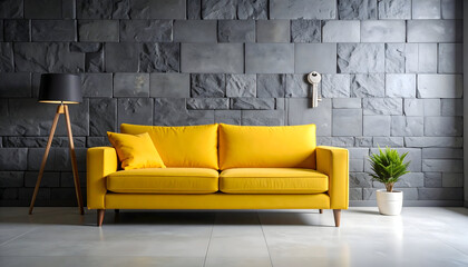 Modern Living Room with Yellow Sofa and Gray Stone Wall