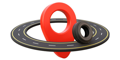 Asphalt road around the red map pin with wheel. Circle road with location pointer symbol and car tire isolated. Trasportation, navigation, travel or trip elements.