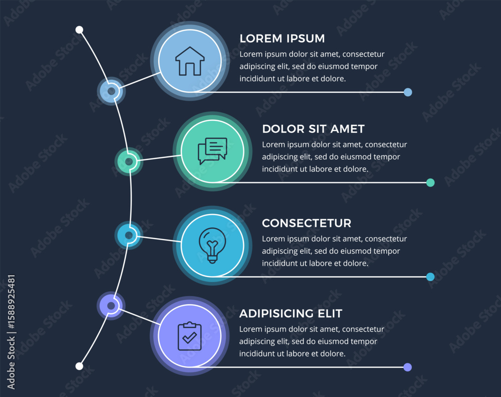 Poster infographic template with four circular options connected by a line, dark background, vector eps10 i