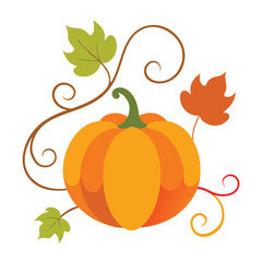 Festive autumn banner design featuring a vibrant pumpkin adorned with swirling curly vines and a bountiful cascade of seasonal elements