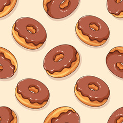 Cartoon donuts with chocolate glaze on beige background. Vector seamless pattern.