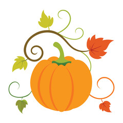 Festive autumn pumpkin with swirling curly vines and a bountiful cascade of colorful fall leaves perfect for seasonal decorations and harvest celebrations
