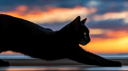 Black cat stretching on windowsill against vibrant sunset sky