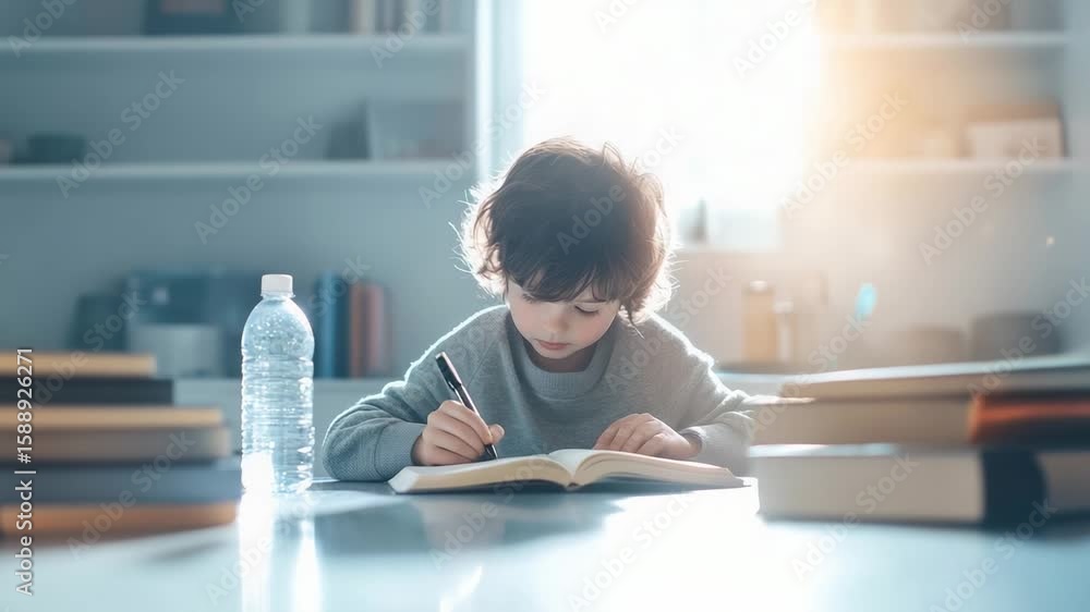 Poster smart young pupil sitting at a desk, writing notes in a notebook while completing homework after sch
