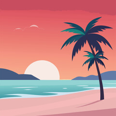 Obraz premium flat minimal vector tropical beach at sunrise with palm trees,