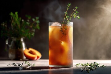 Refreshing iced peach tea with fresh thyme and ice cubes in sunlit setting