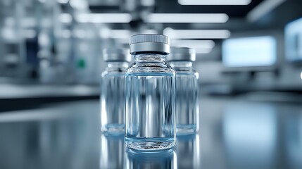 Medical glass vials with liquid medication in modern pharmaceutical laboratory setting, selective focus on front container against blurred background.