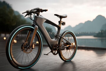 Futuristic electric bike with led lights at scenic lakeside sunset