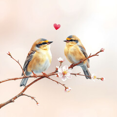 Obraz premium Two Birds on a Blossoming Branch with Romantic Mood Against a Soft Pastel Background