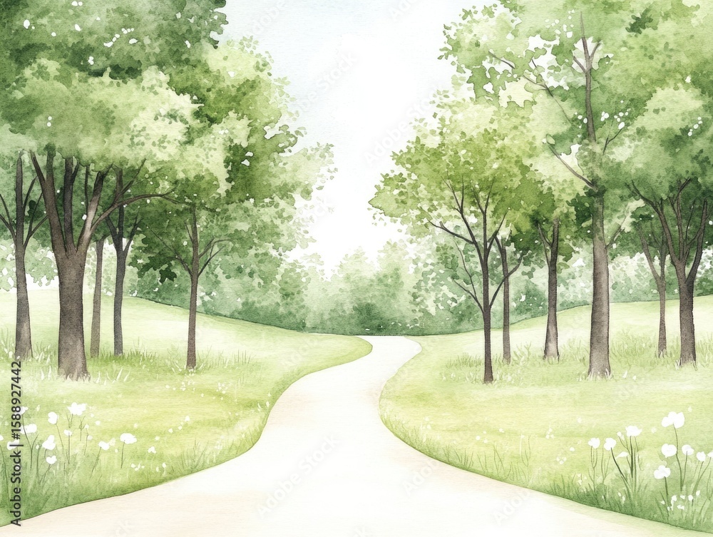 Poster serene and inviting watercolor of a tranquil forest path with dappled sunlight filtering through the