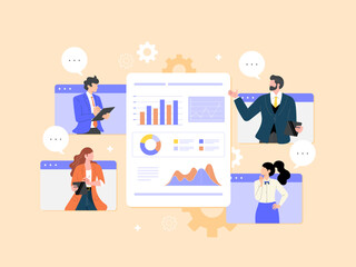 Business marketing team analyzes graphs and charts, market research, data analysis.