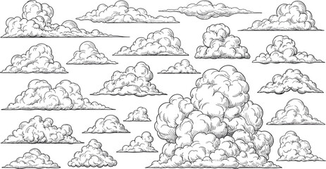 Hand drawn monochrome cartoon clouds