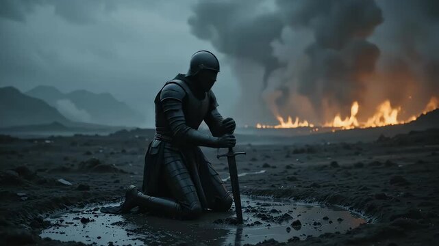 Knight Kneeling in Defeat on a Desolate Battlefield with Fire