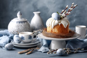 Elegant easter table setting with cake and painted eggs