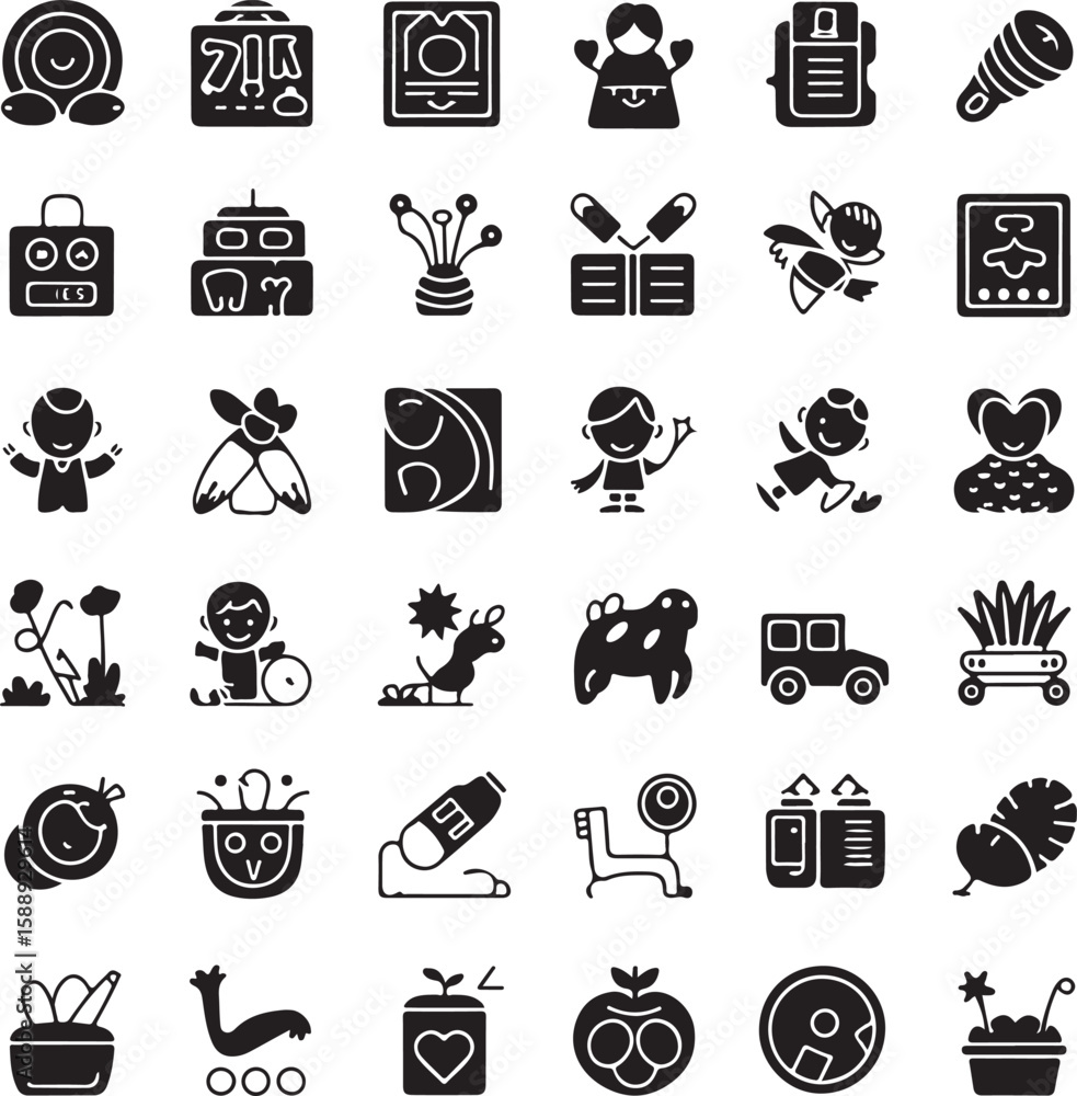 Poster a collection of playful black silhouette vector icons featuring whimsical characters objects and abs