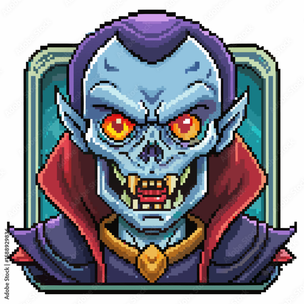 Poster retro pixel art vampire with red eyes and sharp fangs for video game graphics