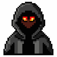 Fototapeta premium Pixel Art Hooded Figure with Glowing Eyes on White Background in 8 Bit Style