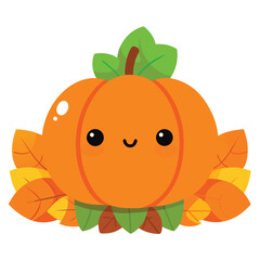 Charming cartoon pumpkin character nestled amongst a vibrant pile of autumn leaves perfect for seasonal celebrations and fall themed designs