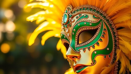 Golden-green feathered carnival mask with gemstones, representing Brazil Independence Day's festive luxury.