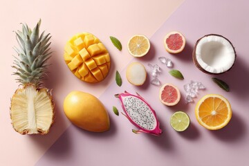 Assorted tropical fruits arrangement on colorful background
