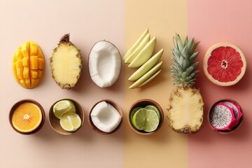 Colorful tropical fruits assortment with pineapple, mango, coconut, and citrus