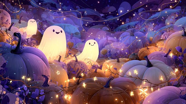 Whimsical halloween scene with glowing ghosts and pumpkins illuminated by fairy lights