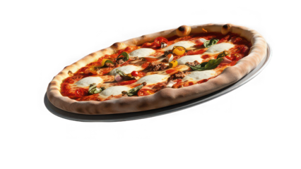 Oval pizza with tomato sauce mozzarella basil and other toppings on a silver serving plate