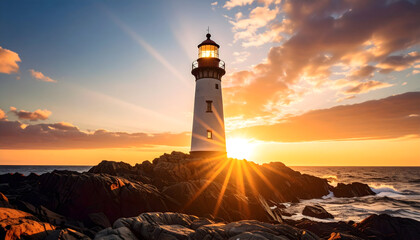 Lighthouse at Sunset on Rocky Coast