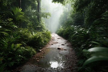 Lush green tropical forest pathway with sunlight and rain puddles
