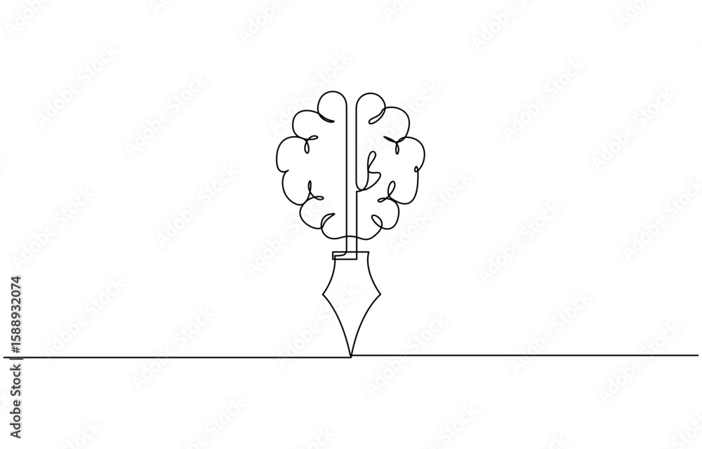 Poster one continuous line of brain drawing pen. creating new idea and mindset improvement, brain drawing p