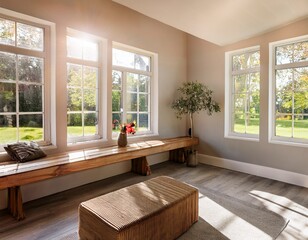sunlit living room with built in bench and corner windows