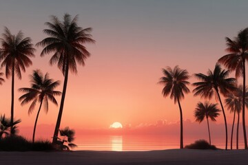 Serene tropical sunset with silhouetted palm trees reflecting on calm ocean