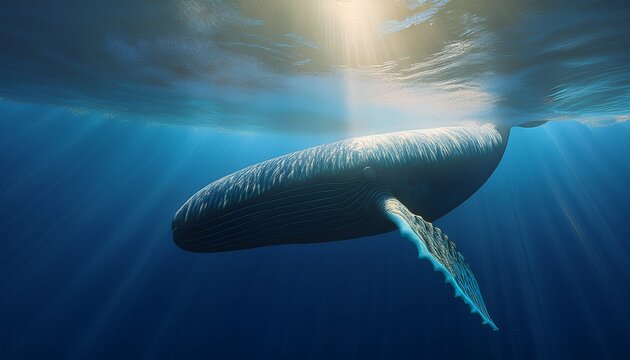 ultra hd photo sperm whale underwater view from under whale tail in ocean and buetiful ray light 3d rendering