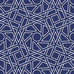Seamless repeating pattern with a decorative lattice of interlaced white lines drawing different polygon shapes on a blue background. Modern trendy style. Geometric abstract vector illustration.