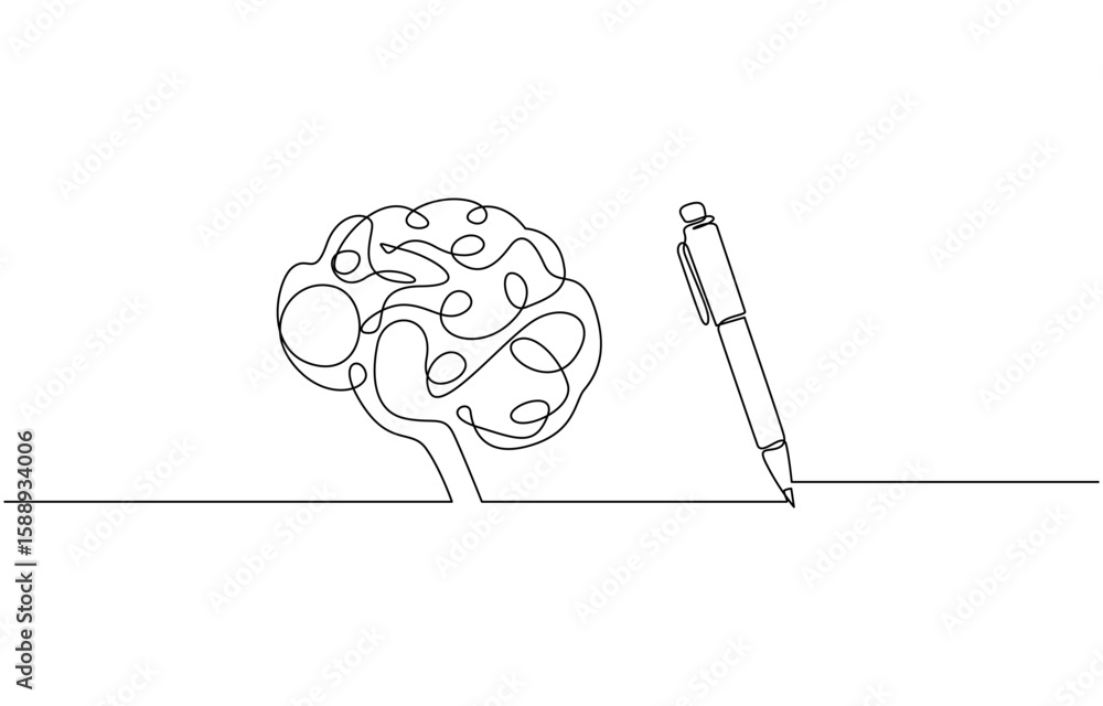 Poster one continuous line of brain drawing pen. creating new idea and mindset improvement, brain drawing p