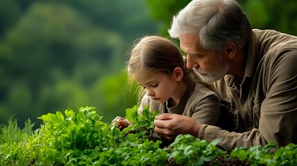 Senior man and young girl examining plants together in lush garden setting, sharing educational outdoor nature experience amid green foliage on sunny day.