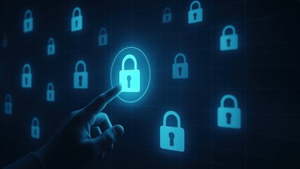 A hand reaches toward a digital interface with floating lock icons in a cyberpunk setting, symbolizing secure interaction, bank safety and protection