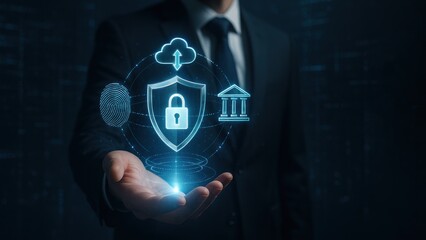 A businessman hand toward a holographic shield with a glowing lock, surrounded by financial icons in a high tech environment, bank safety and protection