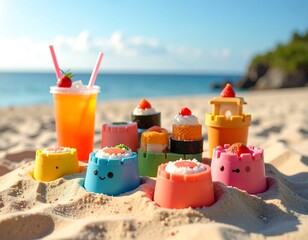 Colorful sushi and drinks on a beach