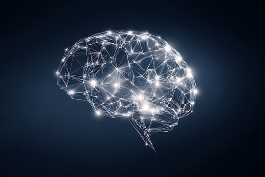 Illustration of digital brain with neural network connections and glowing lights on blue background
