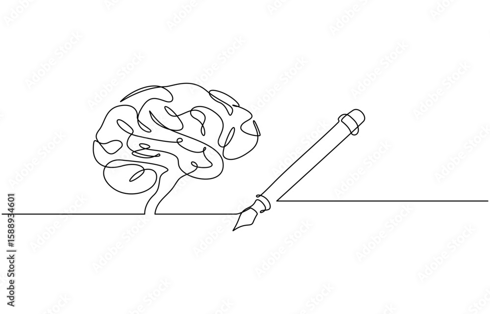Aufkleber one continuous line of brain drawing pen. creating new idea and mindset improvement, brain drawing p