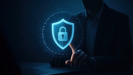 Businessperson interacts with a glowing holographic shield and binary code, representing data protection and digital safety, bank safety and protection