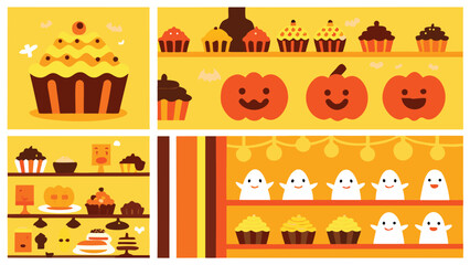 Illustration of a halloween themed bakery display with cupcakes, pumpkins and ghosts on shelves