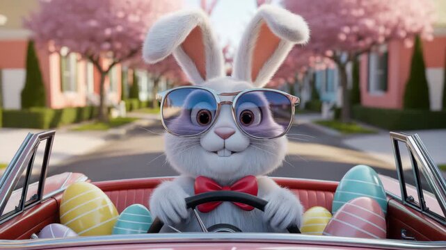 Animated easter rabbit driving a car
