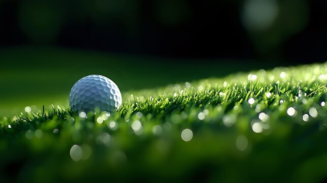 White golf ball resting on dewy morning grass with sunlight creating bokeh effect and natural lens flare, showcasing professional sports equipment on golf course.