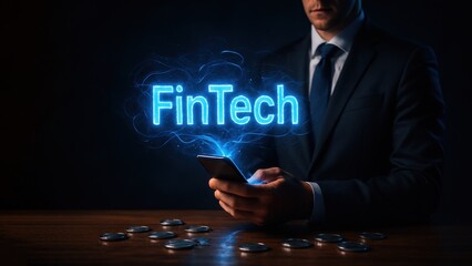 Businessman holds a smartphone with a holographic fintech display surrounded by glowing coins and soft lighting, bank safety and protection