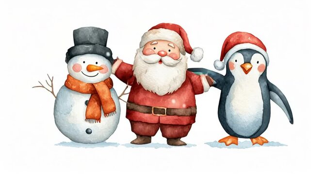 Adorables personajes , Pap&aacute; Noel, un pinguino y mu&ntilde;erco de nieve navide&ntilde;os de acuarela , bailando y cnatando sobre fondo blanco. Conepto celebraciones navide&ntilde;as